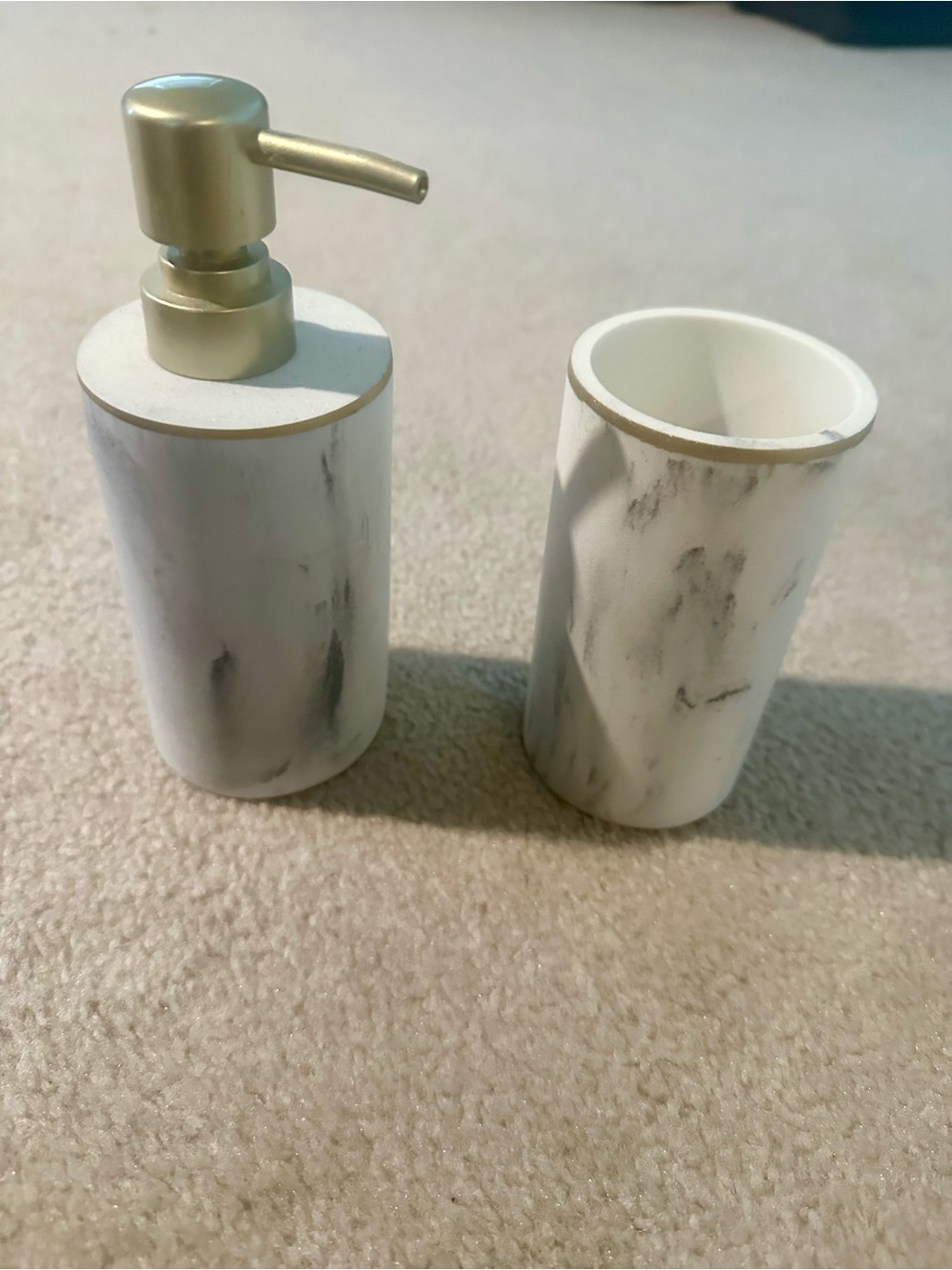 Marble Finish Soap Dispenser and Tumbler Set - White and Gold